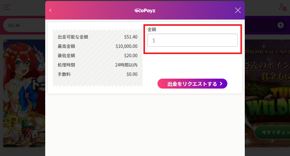 ミスティーノカジノ　エコペイズの出金方法　金額を入力する